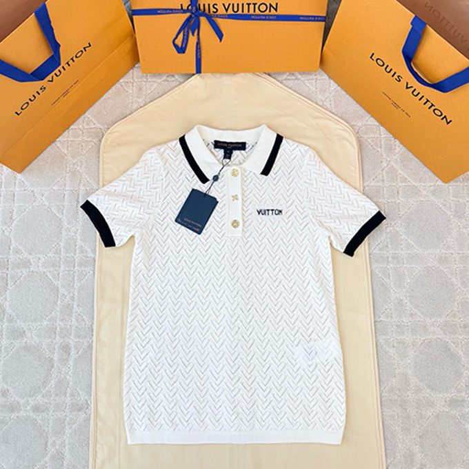 Details lv louis vuitton mesh pearl button polo short sleeve top